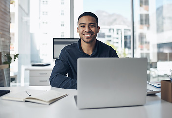 Image showing Portrait, laptop and a professional editor man at work in a journalism agency for news reporting. Computer, smile and online content with a happy male journalist working in a modern editing office