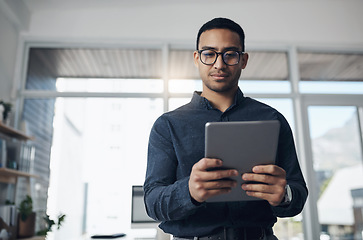 Image showing Email, reading and a businessman with a tablet at work for connectivity and communication. Internet, research and a corporate worker with an online app for a professional career as a lawyer in office