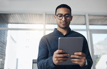 Image showing Email, research and a businessman with a tablet at work for connectivity and communication. Internet, reading and a corporate worker with an online app for a professional career as a lawyer in office