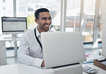 Image showing Finance advice, support and headset with a man accountant at work on his laptop in the financial office. Computer, customer service and assistance with a male broker working in an investment firm