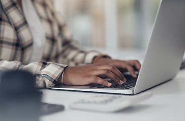 Image showing Laptop, typing and woman hands for online research, startup finance or budget management at her office desk. Financial planning, working and worker, employee or person on computer software or website