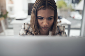 Image showing Business, focus and woman with a laptop, confused and thinking with a deadline, project and connection. Female person, employee and agent with concentration, decision and professional with choice