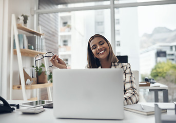 Image showing Creative, business and woman with a laptop, connection or digital planning with web design, search internet or happiness. Female person, entrepreneur or employee with a pc, technology or website info