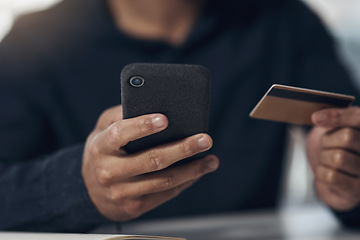 Image showing Phone, credit card and man hands for online shopping, e commerce or fintech payment for business discount. Typing, loan and person or entrepreneur for internet banking, mobile app and web transaction