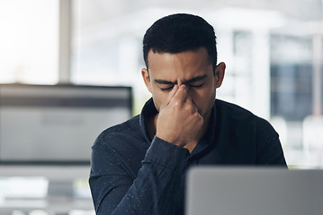 Image showing Stress, headache and business man on computer for online mistake, frustrated and mental health risk or depression. Anxiety, job burnout and pain or tired person with problem, migraine or depressed