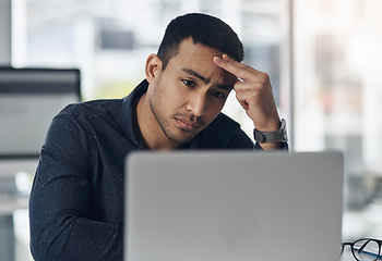 Image showing Business, confused and man with fatigue, laptop and tired with internet connection, glitch and mistake. Male person, employee and entrepreneur tired, pc and error with frustration, decision and doubt