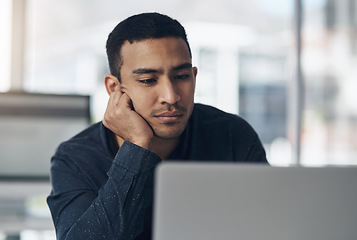 Image showing Business, laptop and man with stress, tired and burnout with a project, deadline and connection. Male person, employee or entrepreneur with pc, glitch and bored with fatigue, exhaustion or depression