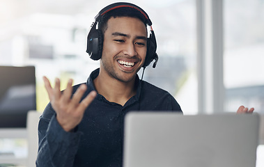 Image showing Video, call center and man, agent or consultant in office online meeting, virtual communication or telecom on laptop. Business worker or happy young person consulting, speaking or advice on computer