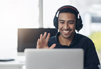 Image showing Business, smile and man with video call, wave and connection for communication, talking and online chatting. Male person, employee and happy entrepreneur with headphones, greeting and conversation