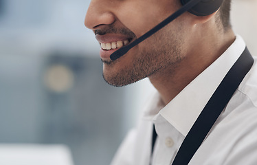 Image showing Headset, mouth and man consultant in a call center for customer service closeup while talking on a call. Smile, support and contact us with a happy male employee consulting in a telemarketing office