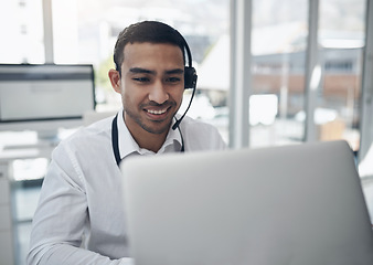 Image showing Call center, computer and business man, IT agent or consultant in happy communication or technical support. Help desk, information technology and online advisor or web agency person helping on laptop