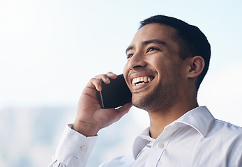 Image showing Happy businessman, phone call and smile outdoor for communication and marketing with network. Face of asian male entrepreneur with mockup space for conversation, technology and connection or contact