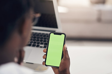 Image showing Green screen, phone and woman hands for business communication, mobile app and mockup search in office. Online space, reading and professional person on social media, networking or chat mock up