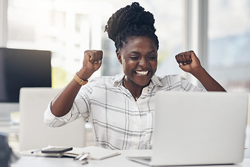 Image showing Black woman, success and laptop to celebrate business profit, win or achievement in office. African female entrepreneur at a desk with motivation, fist and technology for bonus, victory and promotion