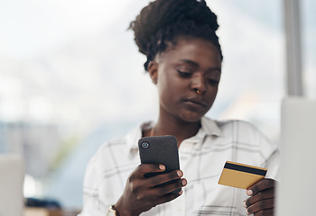 Image showing Business, smartphone and woman with a credit card, payment and ecommerce in a modern office. Female person, employee or agent with transaction, cellphone and online shopping with customer and client