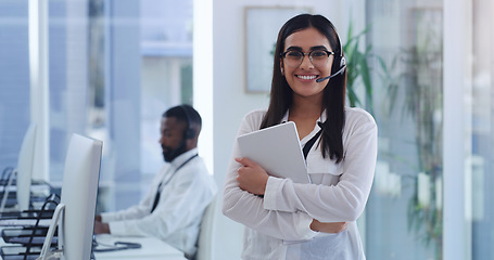 Image showing Call center, business woman and portrait with tablet for web support help in a office. Happiness, company and telemarketing employee with a smile of Indian female person ready for phone consulting