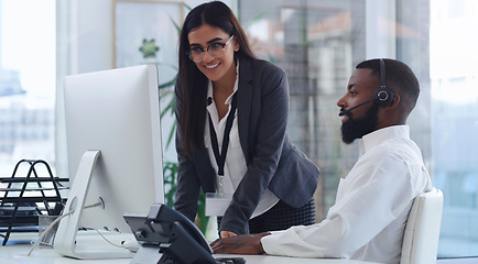 Image showing Black man, call center and woman with mentor by computer, office or learning for tech support. African male crm, female coach or teaching for telemarketing, training or customer service at help desk