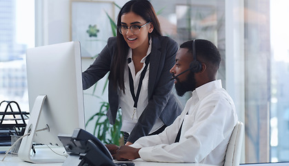 Image showing Black man, call center and woman with coach by computer, office or learning for tech support. African male crm, female mentor or teaching for telemarketing, training or customer service at help desk