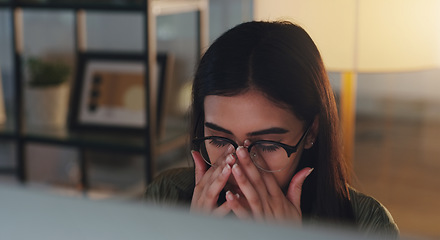 Image showing Business, headache and woman with stress, night or burnout with depression, fatigue or overworked. Female person, employee or agent with a migraine, evening or tired with pain, frustrated and mistake