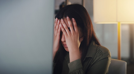 Image showing Night, business and woman with stress, headache and burnout with new project, overworked and depression. Female person, tired employee and agent with a migraine, fatigue and mental health problems