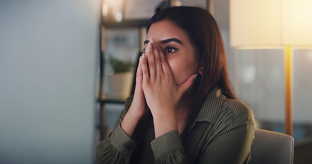 Image showing Business woman, stress and computer at night in office with anxiety, headache or crisis. Female entrepreneur at a desk with techn while tired or depressed about deadline, mistake or internet problem