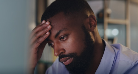 Image showing Night, business and black man with stress, anxiety and depression with fatigue, tired and burnout. Male person, employee and agent with exhaustion, frustrated and professional overworked and headache