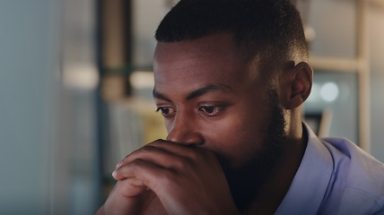 Image showing Night, business and black man with stress, burnout and depression with mental health issue, tired and overworked. Male person, employee or agent with fatigue, exhaustion and professional with anxiety