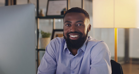 Image showing Business man, portrait and computer at night while working at a desk for report or deadline. Happy black male entrepreneur with technology for marketing, internet connection or productivity in office