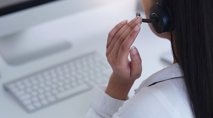 Image showing Closeup, business and woman with headphones, telemarketing and call center with advice, connection and advice. Female person, employee and agent with a headset, tech support and customer service