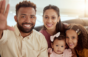 Image showing Parents, girl children and selfie on sofa with happiness, hand and photography for blog, post or portrait in family home. Father, mother and daughters with smile, social media app and profile picture