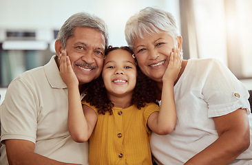 Image showing Girl child, grandparents and portrait on sofa with smile, happiness or bond with love in family home. Elderly man, senior woman and young female kid with hand, face or care on lounge couch on holiday