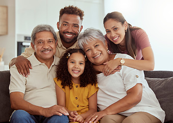 Image showing Happy, generations and portrait of big family on sofa for relax, smile and bonging. Happiness, love and grandparents with parents and child in living room at home for free time, weekend and hug