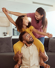 Image showing Family home, pretend airplane and kid with mom, dad and young girl together with fun. Living room, mother and father with a child by sofa with love, bonding and parent support with a smile in lounge