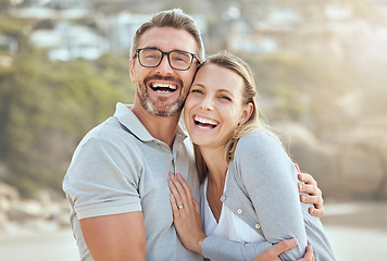 Image showing Happy, smile and portrait of couple at beach for love, travel and summer vacation. Happiness, holiday and romance with man and woman hugging on seaside date for bonding, affectionate and care