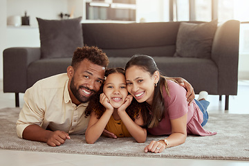 Image showing Family home, happy portrait and kid with mom, dad and young girl together with fun. Living room, mother and father with a child by sofa with love, bonding and parent support with a smile in lounge