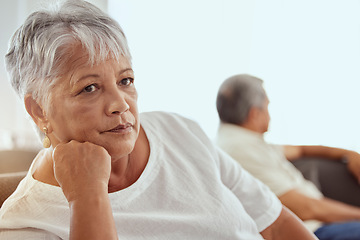 Image showing Sad senior woman, fight and home sofa with retirement, marriage problem and frustrated person. Angry, fighting and argument of elderly people on lounge couch with divorce and thinking with stress