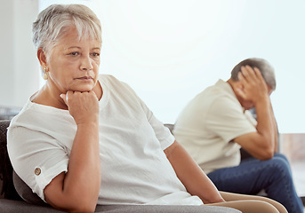 Image showing Senior woman, fight and home sofa with retirement, marriage problem and frustrated person. Angry, fighting and argument of elderly people on lounge couch with divorce crisis and thinking with stress