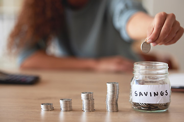 Image showing Hand, savings jar and money with finance and budget, future financial planning with investment and coins on a table. Woman saving, payment and economy, growth and development, cash in glass container