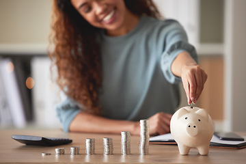 Image showing Piggy bank, smile and woman with money, saving or home with investment, calculator or financial planning. Female person, happy or girl with counting coins, future or happiness with a budget or profit