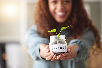 Image showing Woman with savings jar, growth and soil with plant, investment and charity with rich financial future. Mockup space, development and female person invest with ecology, finance goals and opportunity