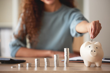 Image showing Woman, hand and money savings in piggy bank, finance and budget, future financial planning with investment and coins on table. Female person saving, economy with growth and coin currency in container