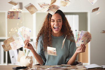 Image showing Happy woman laughing with cash flying, savings and finance with success and celebrate financial goals. Budget, winning and wealth with money, investment and female person winner with salary bonus