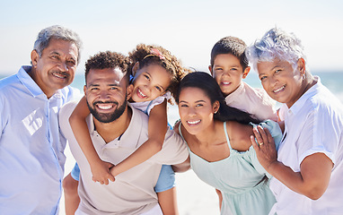 Image showing Family in portrait, grandparents and parents with kids on beach, travel and piggyback with love and vacation. Happy people outdoor, generations and trust with tourism in Mexico and bonding together