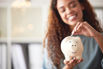 Image showing Finance, savings and closeup of a piggy bank with money for future investment, budget or wealth. Cash, accounting and woman investing coins in a funds jar for profit growth or financial freedom.