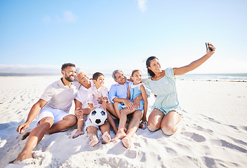 Image showing Family relax on beach sand, selfie and generations, tropical vacation in Mexico with travel and trust outdoor. Grandparents, parents and kids, happy people on adventure and tourism, smile in picture