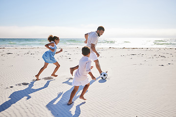 Image showing Soccer ball, fun and family at the beach with freedom, happy and bonding in nature. Running, sports and children with father at the ocean for travel, vacation and football while traveling in Mexico