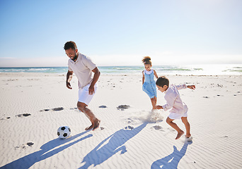 Image showing Soccer ball, family and running at the beach with freedom, happy and playing in nature. Kick, games and children with father at the ocean for travel, vacation and football while traveling in Miami