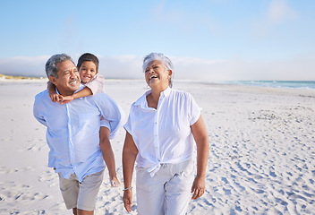 Image showing Family, grandparents laughing and child on beach, travel and piggyback, love and vacation with mockup space. Senior people with boy, funny conversation with tourism in Mexico and bonding together