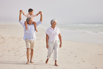 Image showing Family, grandparents walking with child on beach and travel, love and vacation with mockup space and sea view. Senior people with boy, trust and support with tourism in Mexico and bonding together