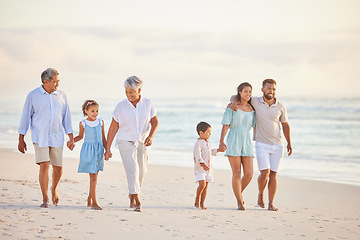 Image showing Family, holding hands and walk on beach, generations and people travel together, grandparents and parents with kids. Love, care and men with women and children outdoor, tourism and vacation in Mexico